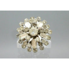 Load image into Gallery viewer, 1950s Rhinestone Cluster Brooch Vintage Silver Tone Costume Jewelry Pin Round and Emerald Shape Stones
