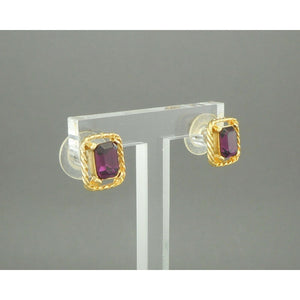 Vintage Faux Amethyst Pierced Post Stud Earrings Gold Tone Purple Rhinestones