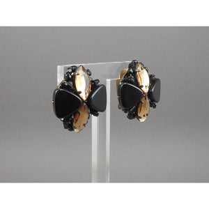 Vintage 1950s Clip On Earrings Black Champagne Plastic Rhinestone Bead Clusters