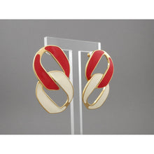 Load image into Gallery viewer, Pristine Vintage Monet Chain Link Earrings - Red and Off White Enamel, Gold Tone - Posts for Pierced Ears - Circa 1970 - Signed, Designer, Estate Collection Jewelry
