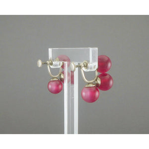 Vintage 1950s Lucite Plastic Earrings Faux Moonstone Beads Pink Red Screw Back