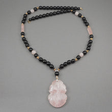 Load image into Gallery viewer, Vintage Carved Rose Quartz Pendant Necklace with Onyx or Black Glass Beads - Fruit and Leaf Design Medallion, Chinese, Asian Style - Pale Pink Stone, 14K Gold Filled and Black Beads