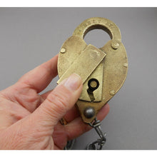 Load image into Gallery viewer, Antique Belt RY Railway Railroad Padlock with P&amp;R A W Hollow Barrel Key Working Brass Heart Shape Lock