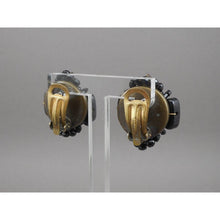 Load image into Gallery viewer, Vintage 1950s Clip On Earrings Black Champagne Plastic Rhinestone Bead Clusters