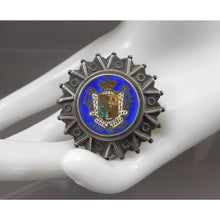 Load image into Gallery viewer, Antique Victorian Era Silver Coin Brooch - Enameled William IV 1836 Half Crown Replica - Sterling or Coin Silver * - Cobalt Blue, White and Green
