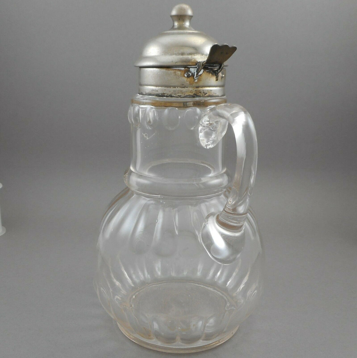 VINTAGE SYRUP HONEY CLEAR GLASS PITCHER METAL LID & GASKET