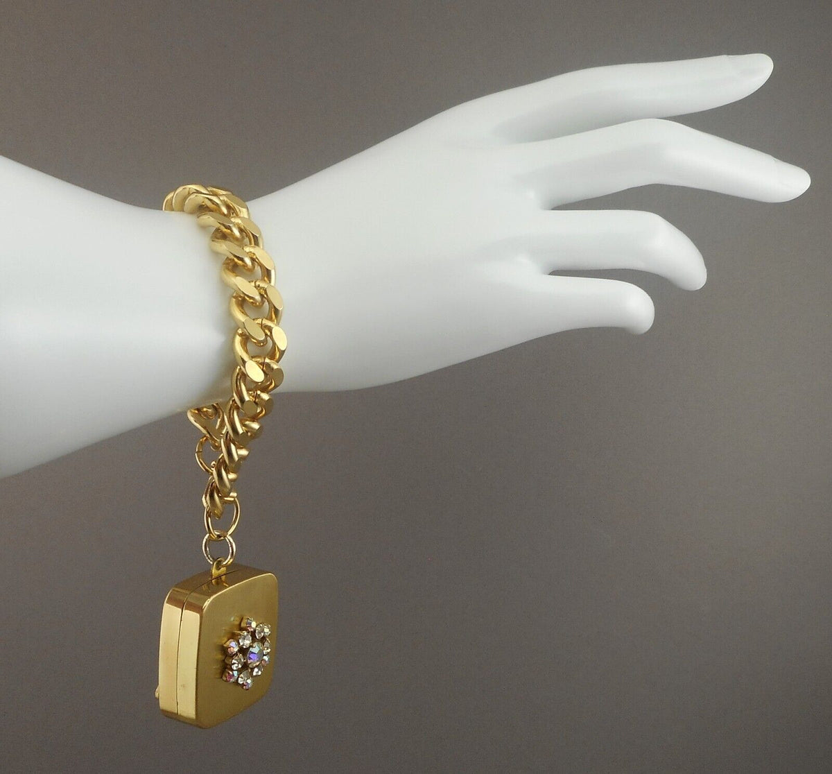 Vintage 60s Music Box Bracelet Brushed Gold Tone Link Chain Rhinestone