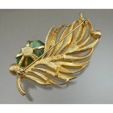 Load image into Gallery viewer, Vintage Lisner Feather / Leaf Brooch - Matte Gold Tone, Jade *, Faux Pearls - Signed Designer Pin - Green and White Stone - Estate Collection Jewelry - Excellent Condition