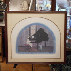 Vintage 1986 P. Buckley Moss Lithograph "First Recital" Signed Numbered Original Print Limited Edition Girl Playing Grand Piano with Dog