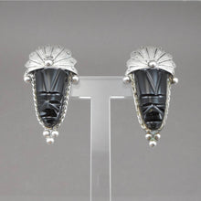 Load image into Gallery viewer, Vintage 1930s / 1940s Mexican Mask Earrings - Black Onyx and Sterling Silver - Screw Backs - Carved Stone Faces