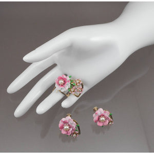 Vintage 1950s Jewelry Set - Flower and Heart Design Screw Back Earrings and Brooch Pin - Pink and White Enamel, Gold Tone, Faux Pearls - Mid Century Estate Collection