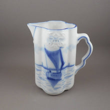 Load image into Gallery viewer, Antique or Vintage Glass Creamer Pitcher Flow Blue Delft Style White Milk Jug Sailboat Gondola Design Delftware