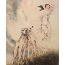 Load image into Gallery viewer, Vintage Louis Icart Print - Joie de Vivre (Joy of Life) - Reproduction of an Art Deco Era Etching - Woman with Wolfhound Dogs - Gold and Black Frame, Linen Look Double Mat