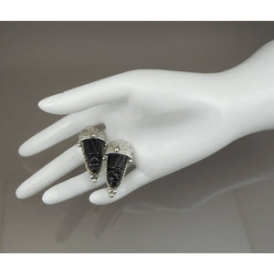 Vintage 1930s / 1940s Mexican Mask Earrings - Black Onyx and Sterling Silver - Screw Backs - Carved Stone Faces