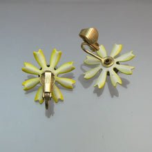 Load image into Gallery viewer, Vintage 1960s Enamel Daisy Earrings Clip On Retro Flower Design Yellow and White