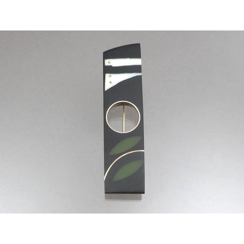 Vintage Handmade Eileen Sutton Mid Hole Bar Pin - US Artisan Studio Jewelry Brooch - C 1990 Post Modern Style - Silver Black White Green Resin