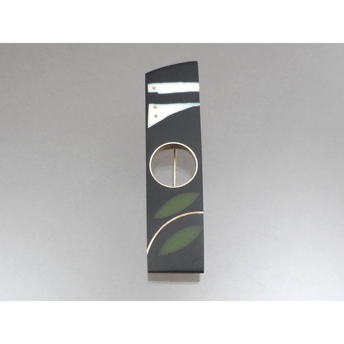 Vintage Handmade Eileen Sutton Mid Hole Bar Pin - US Artisan Studio Jewelry Brooch - C 1990 Post Modern Style - Silver Black White Green Resin