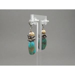 Vintage Handmade Southwestern Style Turquoise Dangle Earrings - Granulated Sterling Silver with Gold Filled Beads - USA Studio Jewelry - circa 2000