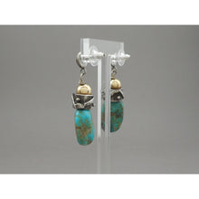 Load image into Gallery viewer, Vintage Handmade Southwestern Style Turquoise Dangle Earrings - Granulated Sterling Silver with Gold Filled Beads - USA Studio Jewelry - circa 2000