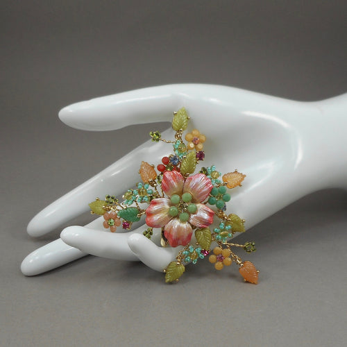Large Vintage Victorian Revival Style Tiara Misu Polychrome Flower Brooch and Clip - Lapel, Hat, Statement Pin - Hair, Dress, Scarf Clip - Gold Tone, Multicolor Enamel, Resin, Glass Beads and Rhinestones