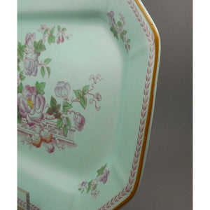 Vintage Adams Calyx Ware Metz Pattern 12" Oval Platter - Circa 1930 English Ironstone - Blue Green with Pink Flowers - Made in England