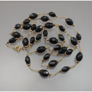 31" Long Vintage French Jet Black Glass Beads Gold Tone Chain Necklace Opera