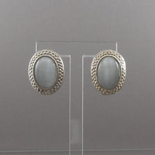Load image into Gallery viewer, Vintage 1970s Oval Faux Cats Eye Earrings Gray Glass Stones Silver Tone Clip On