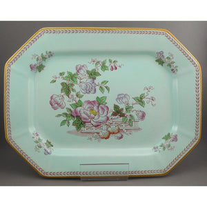 Vintage Adams Calyx Ware Metz Pattern 12" Oval Platter - Circa 1930 English Ironstone - Blue Green with Pink Flowers - Made in England