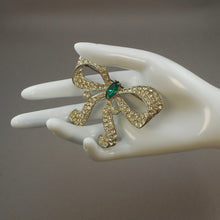 Load image into Gallery viewer, Large Vintage Art Deco Era Bow Brooch Pin - Clear and Green Faux Emerald Rhinestones Paste - Silver Pot Metal Ribbon Setting