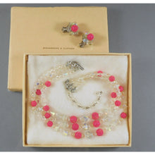 Load image into Gallery viewer, Vintage circa 1940 / 1950 Sugar Bead Set - Necklace and Clip On Cluster Earrings - AB Crystal Glass, Aurora Borealis and Bright Pink