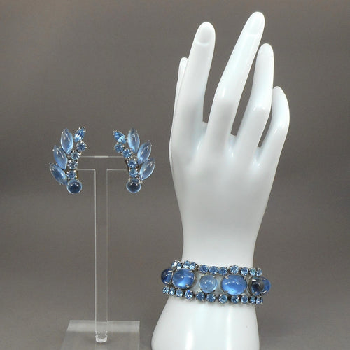 Excellent Vintage 1950s Weiss Bracelet and Clip On Earring Set - Blue Glass Cabochons and Rhinestones, Silver Tone - Signed Designer Estate Jewelry - For Non Pierced Ears
