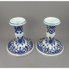 Load image into Gallery viewer, Pristine Pair of Vintage Boch Delfts Candlesticks - Belgian or Dutch - White Porcelain, Blue Flowers, Pale Green Glaze - Set of 2