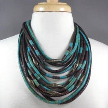 Load image into Gallery viewer, Vintage Gerda Lynggaard Monies, Denmark Multi Strand Necklace - Danish Artisan Jewelry - Carved Horn Clasp, Brown and Turquoise Coconut Beads, Stamped Brass Cones - circa 1970/1980