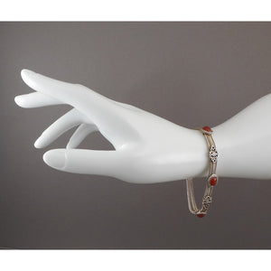 Vintage Middle Eastern Carnelian and Sterling Silver Bracelet - Multi Strand Chain with Oval Cabochons