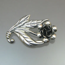 Load image into Gallery viewer, Vintage Mid Century Repousse Sterling Silver Rose Flower Brooch Lapel Pin Leaves