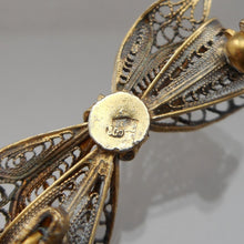 Load image into Gallery viewer, Vintage Victorian Revival Gilt 800 Silver Cannetille Gold Filigree Brooch Ribbon Bow Childs Pin