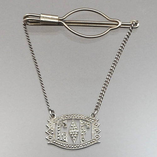 Vintage Marcasite GF Initial Tie Clasp Bar Clip w Chain Art Deco Sterling Silver