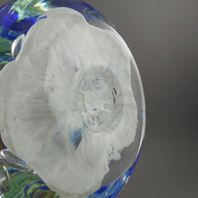 Load image into Gallery viewer, Large 5" Vintage circa 1970 Joe St. Claire Art Glass Bell Paperweight - White with Blue Lilies Flowers - Made in USA