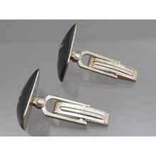 Load image into Gallery viewer, Vintage Handmade Eileen Sutton Cufflinks - US Artisan Studio Jewelry - Post Modern Style - 14K Gold Filled Sterling Silver, Black and Blue Resin