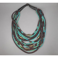 Load image into Gallery viewer, Vintage Gerda Lynggaard Monies, Denmark Multi Strand Necklace - Danish Artisan Jewelry - Carved Horn Clasp, Brown and Turquoise Coconut Beads, Stamped Brass Cones - circa 1970/1980