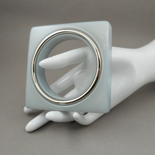 Vintage 1980s Signed PONO by Joan Goodman Designer Square Bangle Bracelet - Blue Gray Lucite Acrylic Resin, Silver Tone Band