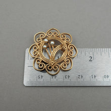 Load image into Gallery viewer, Excellent Vintage 1950s 12K Gold Filled Filigree Brooch Pin with Genuine Pearls - Mid Century Modern Era - Flowers, Leaf, Wreath and Hearts