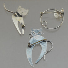 Load image into Gallery viewer, Collection of 3 Vintage Silver Mid Century Cat Pins Brooches - Beau Sterling, W Germany - Figural Animal Jewelry Lot