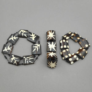 3 African Batik Dyed Cow Bone Bracelets - Lot of Stacking Bangles with Black Maasai Glass Seed Beads - Handmade Ethnic, Tribal, Jewelry