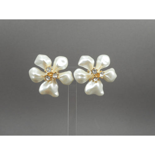 Vintage Kenneth J Lane KJL Earrings - White Faux Mother of Pearl Plastic Flowers with Crystals - Gold Tone Clip On