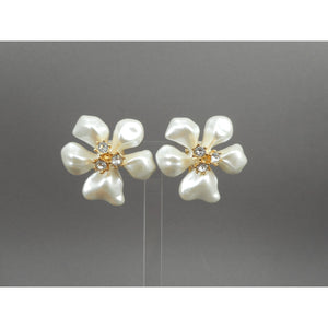 Vintage Kenneth J Lane KJL Earrings - White Faux Mother of Pearl Plastic Flowers with Crystals - Gold Tone Clip On