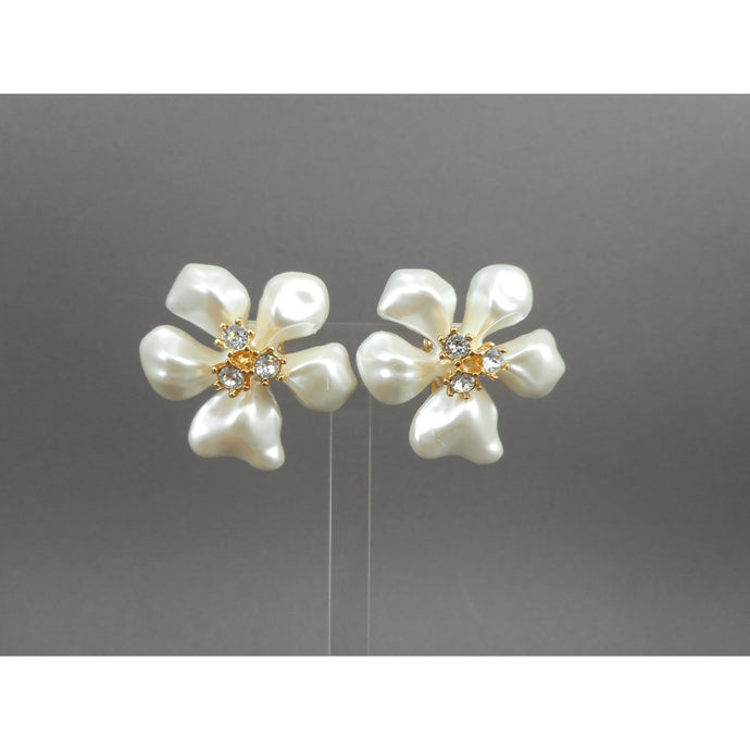 Vintage Kenneth J Lane KJL Earrings - White Faux Mother of Pearl Plastic Flowers with Crystals - Gold Tone Clip On