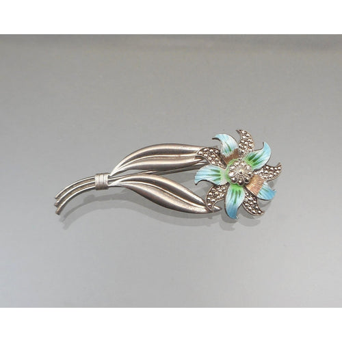 Vintage Enamel on Sterling Silver, and Marcasite Flower Brooch - Victorian Revival Style - Blue, Green and White