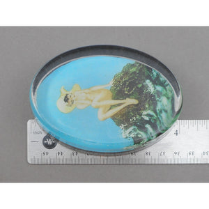 Vintage Glass Paperweight - Louis Icart Print - " Le Coquillage " (Song of the Sea), circa 1930 - Art Deco Era - Nude Wearing Hat on Beach with Seashell