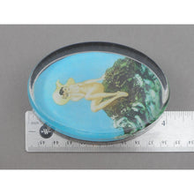 Load image into Gallery viewer, Vintage Glass Paperweight - Louis Icart Print - " Le Coquillage " (Song of the Sea), circa 1930 - Art Deco Era - Nude Wearing Hat on Beach with Seashell